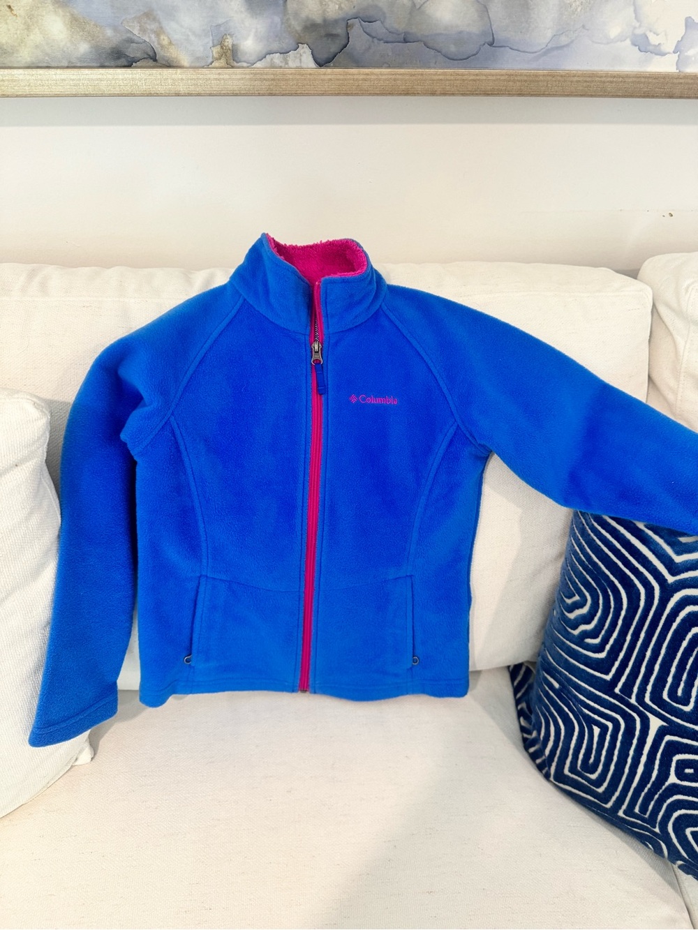 Columbia Blue Girls' Full-Zip Fleece Jacket with Pink Trim
